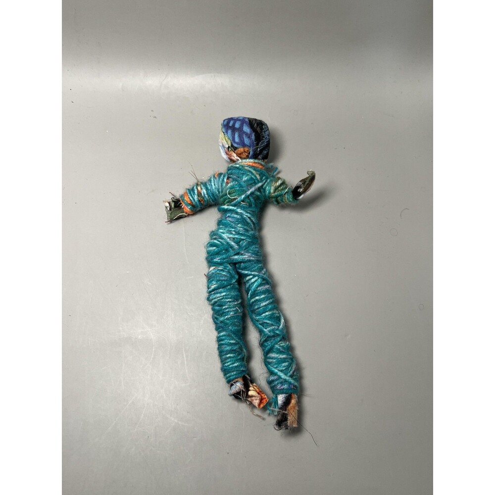 Handmade Yarn String Wrapped Cloth Folk Art Doll Figure Turquoise Blue Textile